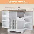 Meuble de bar de ferme avec plateau pliant, casier à vin 9 bouteilles et rangements multiples, blanc rustique