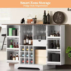 Meuble de bar de ferme avec plateau pliant, casier à vin 9 bouteilles et rangements multiples, blanc rustique