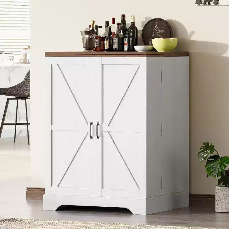 Meuble de bar de ferme avec plateau pliant, casier à vin 9 bouteilles et rangements multiples, blanc rustique