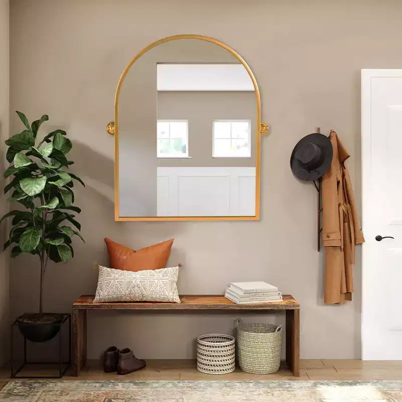 Miroir mural en métal arqué, 80 x 60 cm, à fixation murale, doré