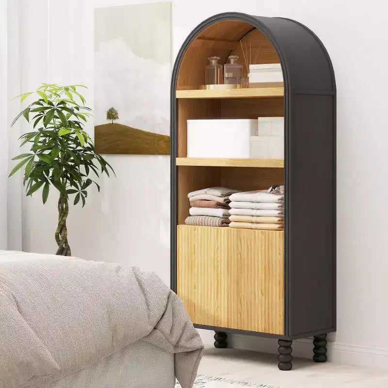 Bibliothèque à 5 niveaux arquée avec étagères ouvertes et armoire
