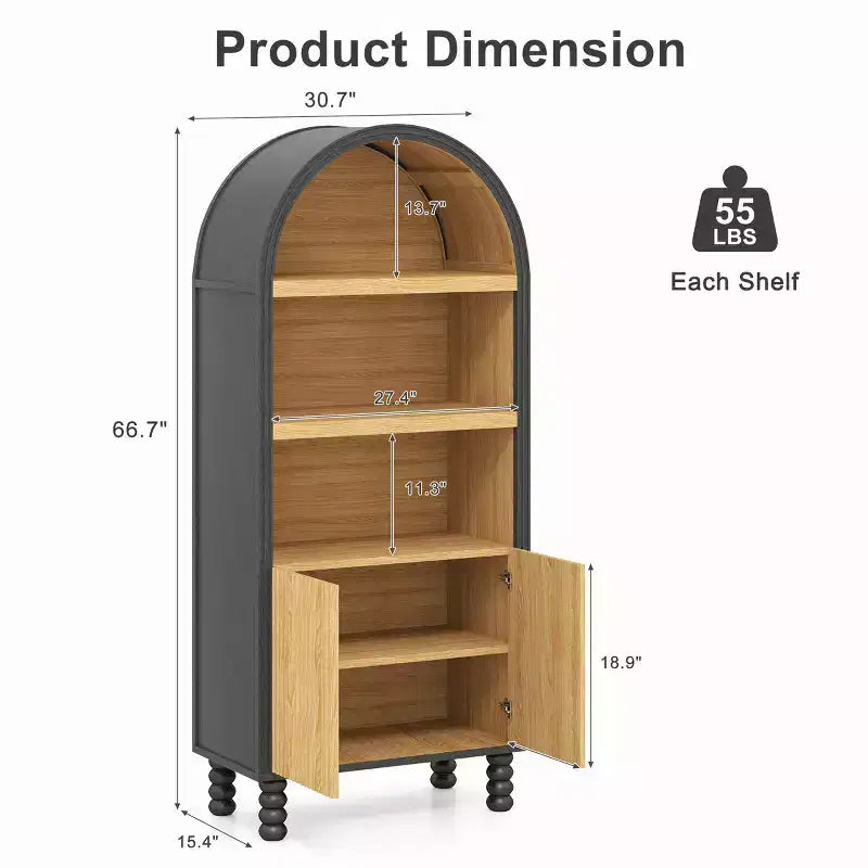 Bibliothèque à 5 niveaux arquée avec étagères ouvertes et armoire
