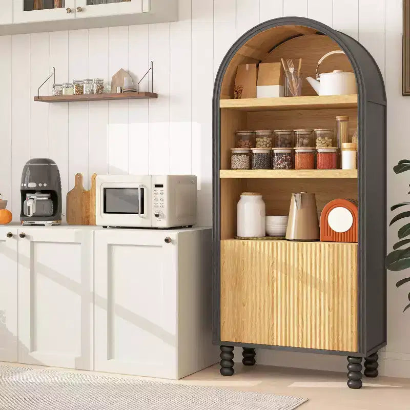 Bibliothèque à 5 niveaux arquée avec étagères ouvertes et armoire