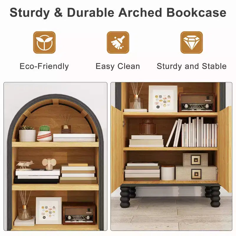 Bibliothèque à 5 niveaux arquée avec étagères ouvertes et armoire