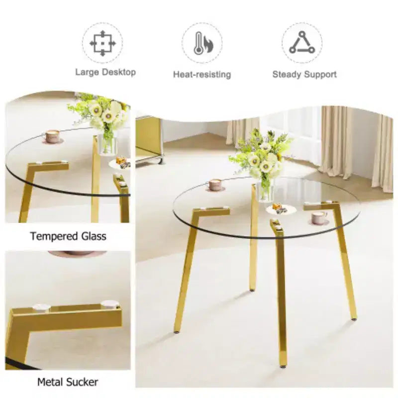 Table à manger ronde en verre trempé de 42 pouces avec base piédestal dorée
