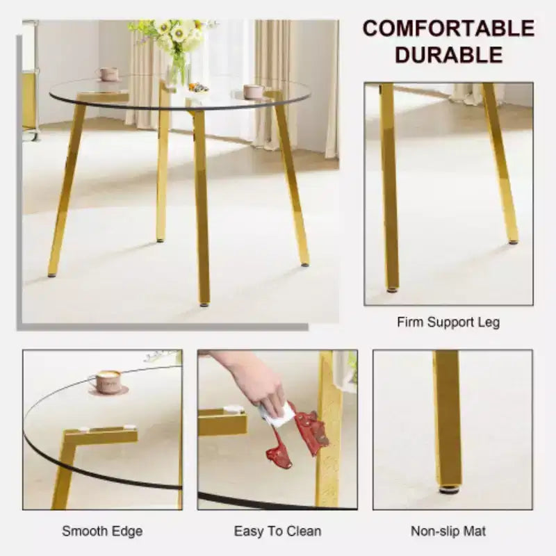 Table à manger ronde en verre trempé de 42 pouces avec base piédestal dorée