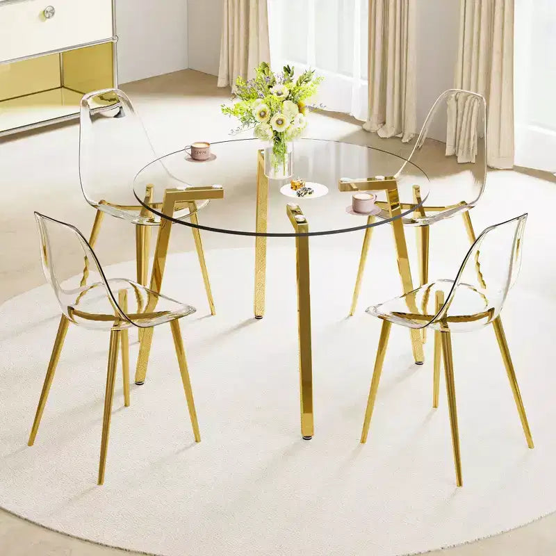 Table à manger ronde en verre trempé de 42 pouces avec base piédestal dorée
