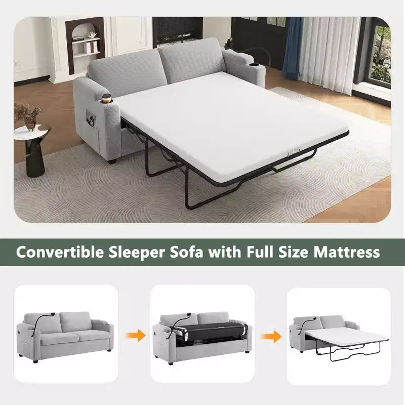 Causeuse-lit en velours côtelé de 72,8 po avec matelas, ports USB et rangement