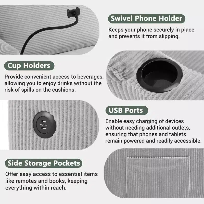 Causeuse-lit en velours côtelé de 72,8 po avec matelas, ports USB et rangement