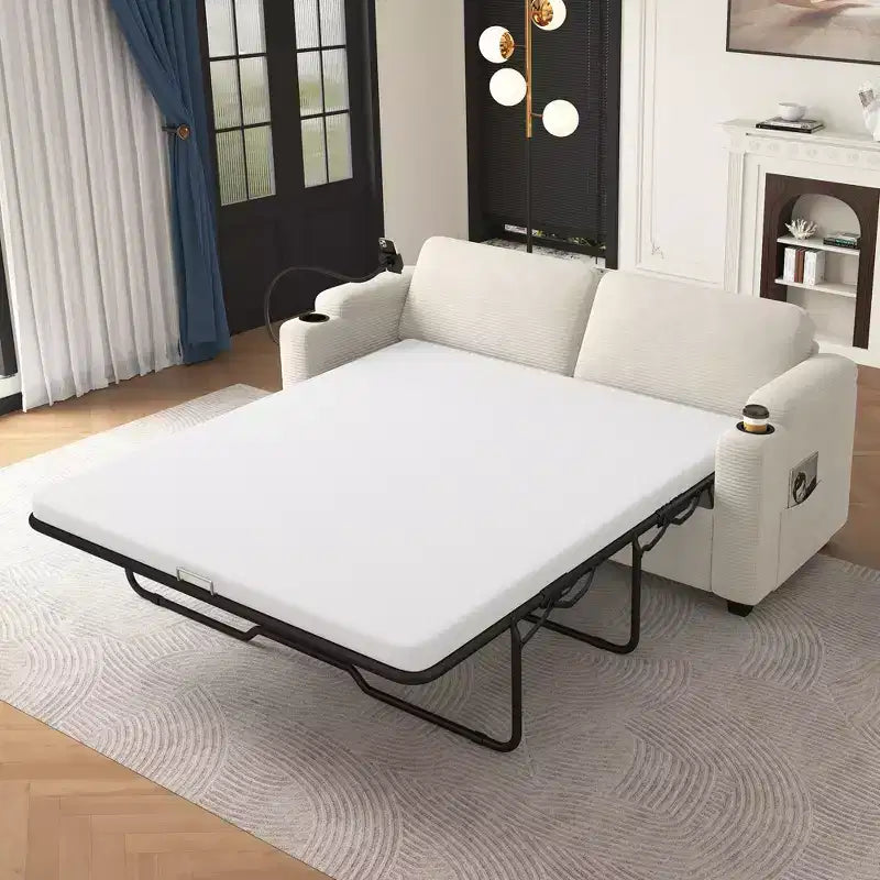 Causeuse-lit en velours côtelé de 72,8 po avec matelas, ports USB et rangement