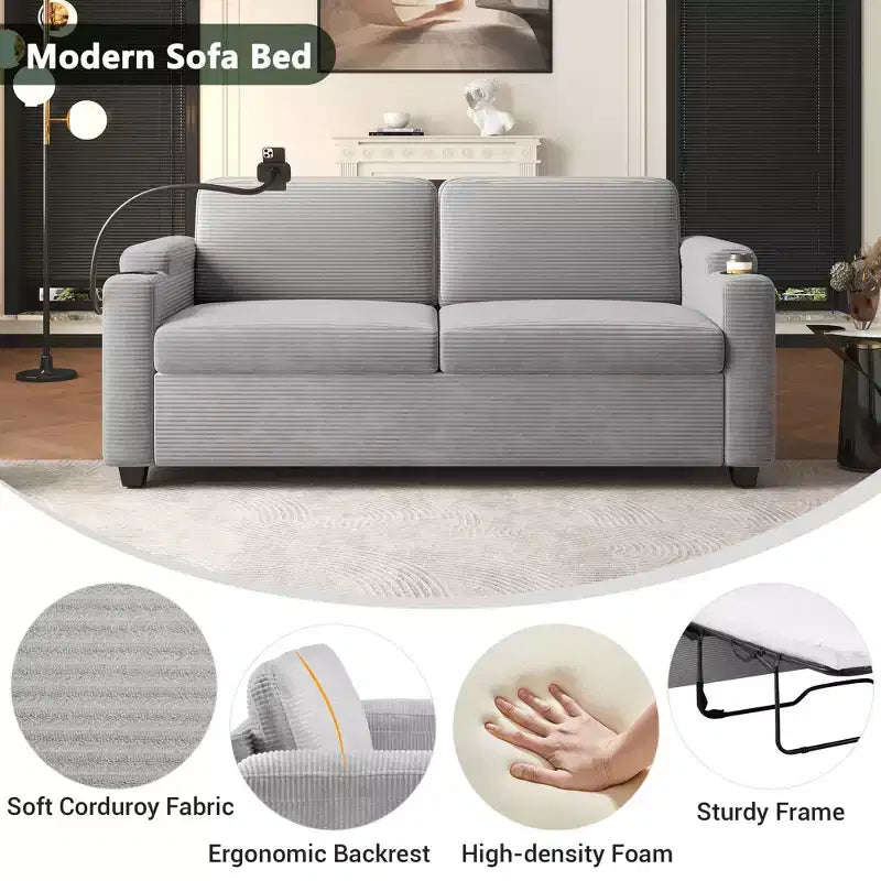 Causeuse-lit en velours côtelé de 72,8 po avec matelas, ports USB et rangement