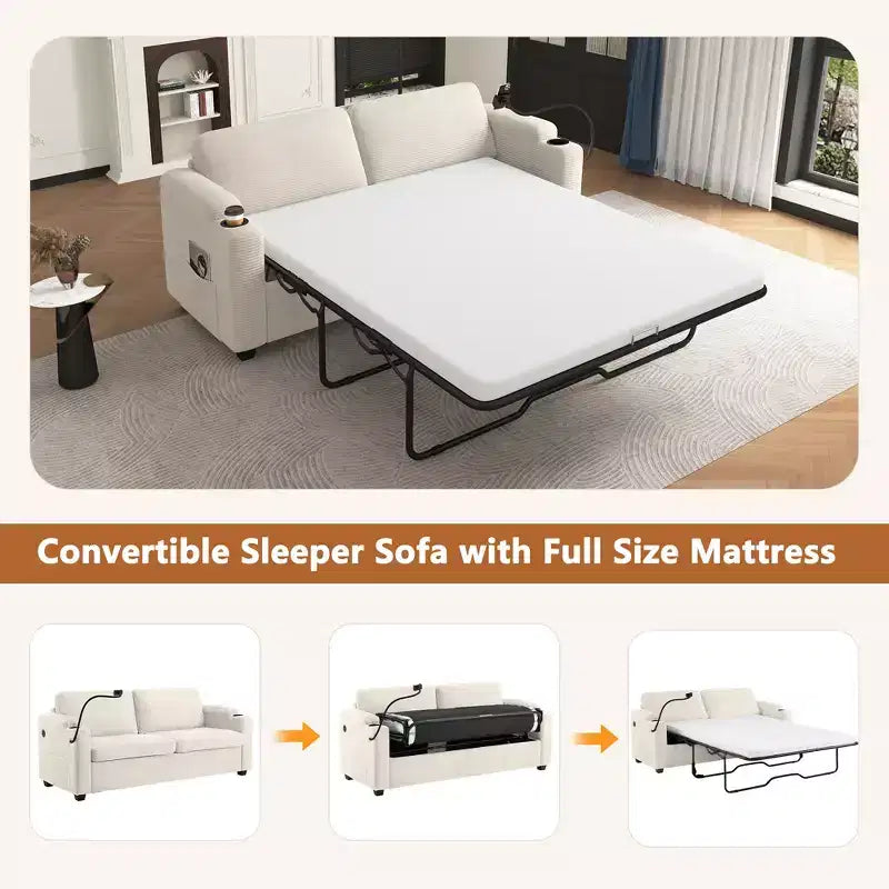 Causeuse-lit en velours côtelé de 72,8 po avec matelas, ports USB et rangement