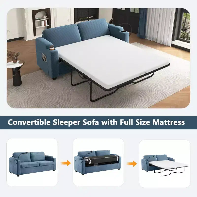 Causeuse-lit en velours côtelé de 72,8 po avec matelas, ports USB et rangement