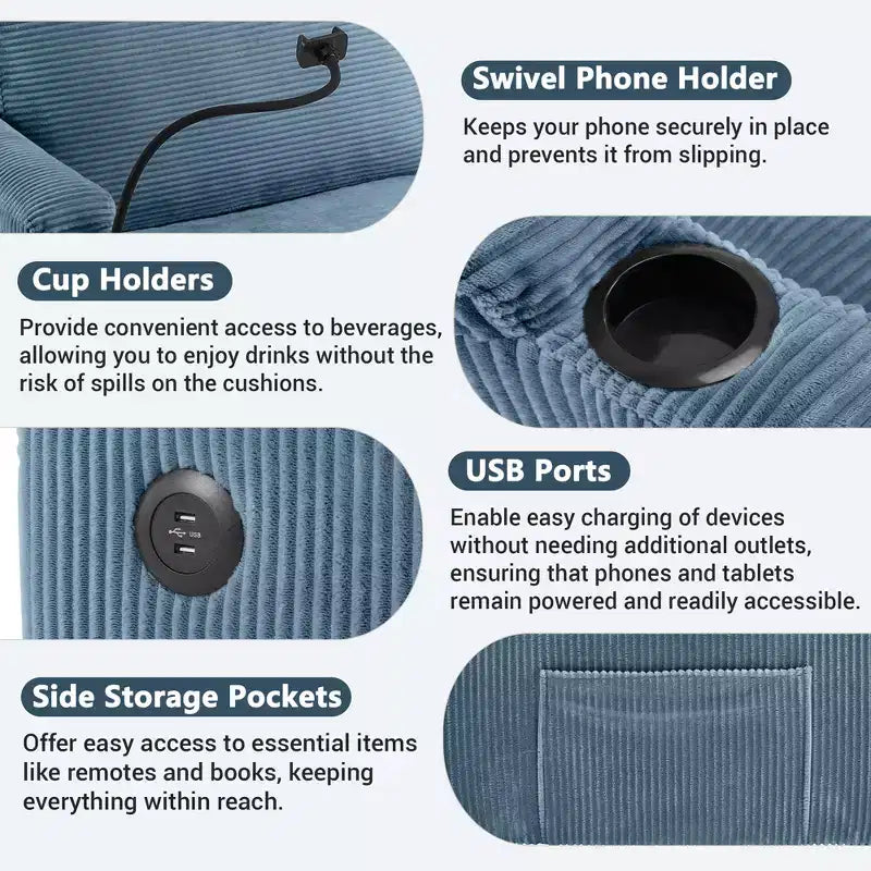 Causeuse-lit en velours côtelé de 72,8 po avec matelas, ports USB et rangement