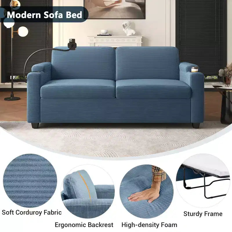 Causeuse-lit en velours côtelé de 72,8 po avec matelas, ports USB et rangement