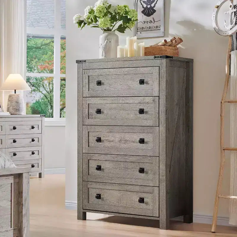 Commode double à 6 tiroirs, grande commode en bois rustique pour chambre à coucher, salon, couloir