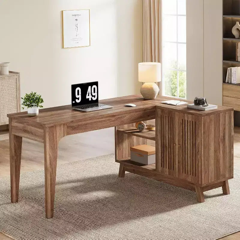 Bureau d'ordinateur d'angle en L de 57 pouces avec armoire de rangement pour bureau à domicile