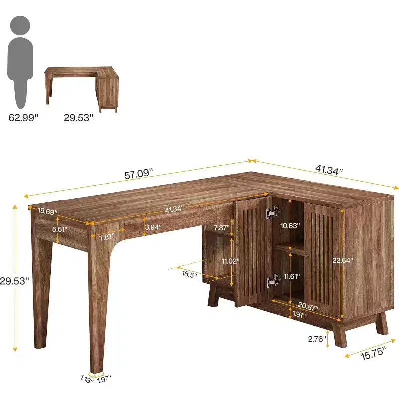 Bureau d'ordinateur d'angle en L de 57 pouces avec armoire de rangement pour bureau à domicile