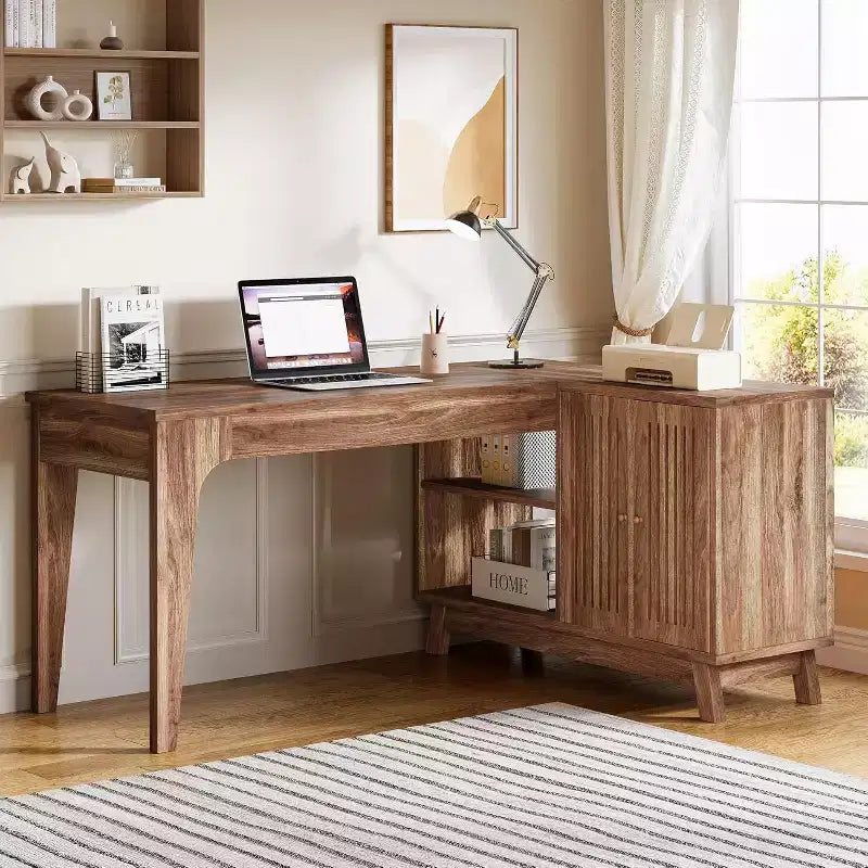 Bureau d'ordinateur d'angle en L de 57 pouces avec armoire de rangement pour bureau à domicile