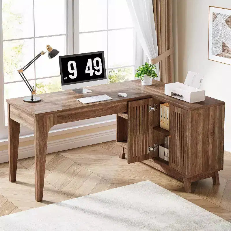 Bureau d'ordinateur d'angle en L de 57 pouces avec armoire de rangement pour bureau à domicile