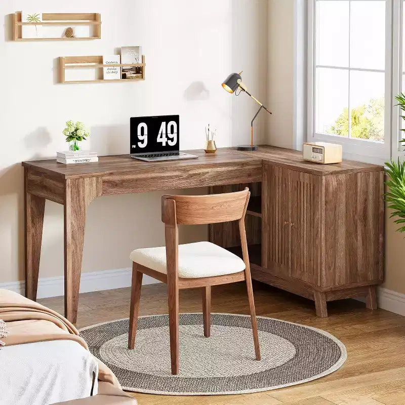 Bureau d'ordinateur d'angle en L de 57 pouces avec armoire de rangement pour bureau à domicile
