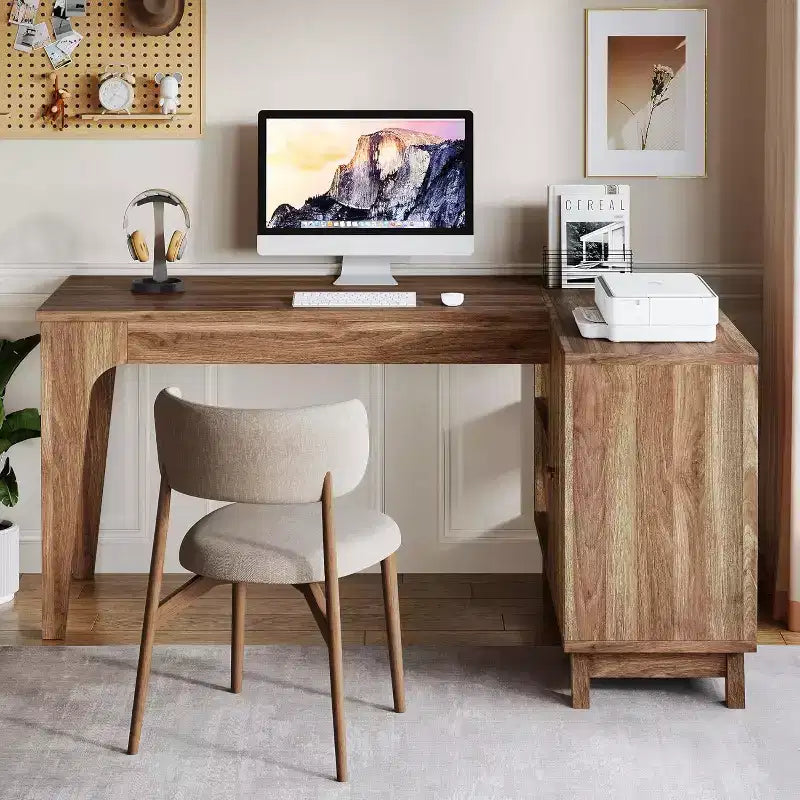 Bureau d'ordinateur d'angle en L de 57 pouces avec armoire de rangement pour bureau à domicile