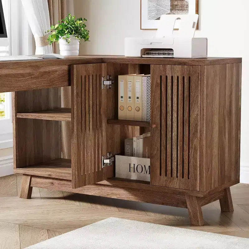 Bureau d'ordinateur d'angle en L de 57 pouces avec armoire de rangement pour bureau à domicile