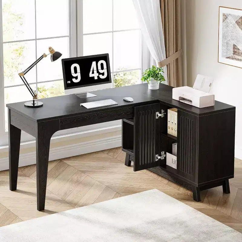 Bureau d'ordinateur d'angle en L de 57 pouces avec armoire de rangement pour bureau à domicile