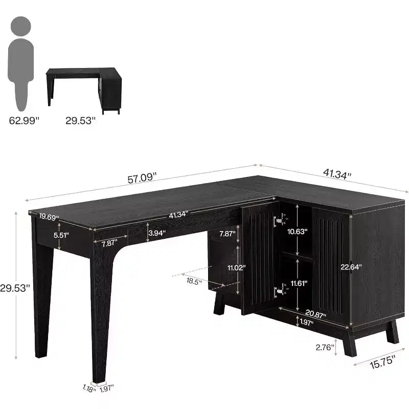 Bureau d'ordinateur d'angle en L de 57 pouces avec armoire de rangement pour bureau à domicile