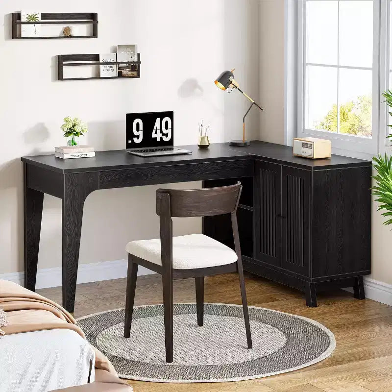 Bureau d'ordinateur d'angle en L de 57 pouces avec armoire de rangement pour bureau à domicile