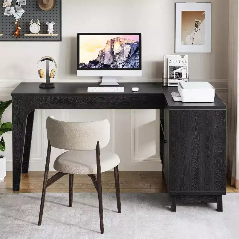 Bureau d'ordinateur d'angle en L de 57 pouces avec armoire de rangement pour bureau à domicile