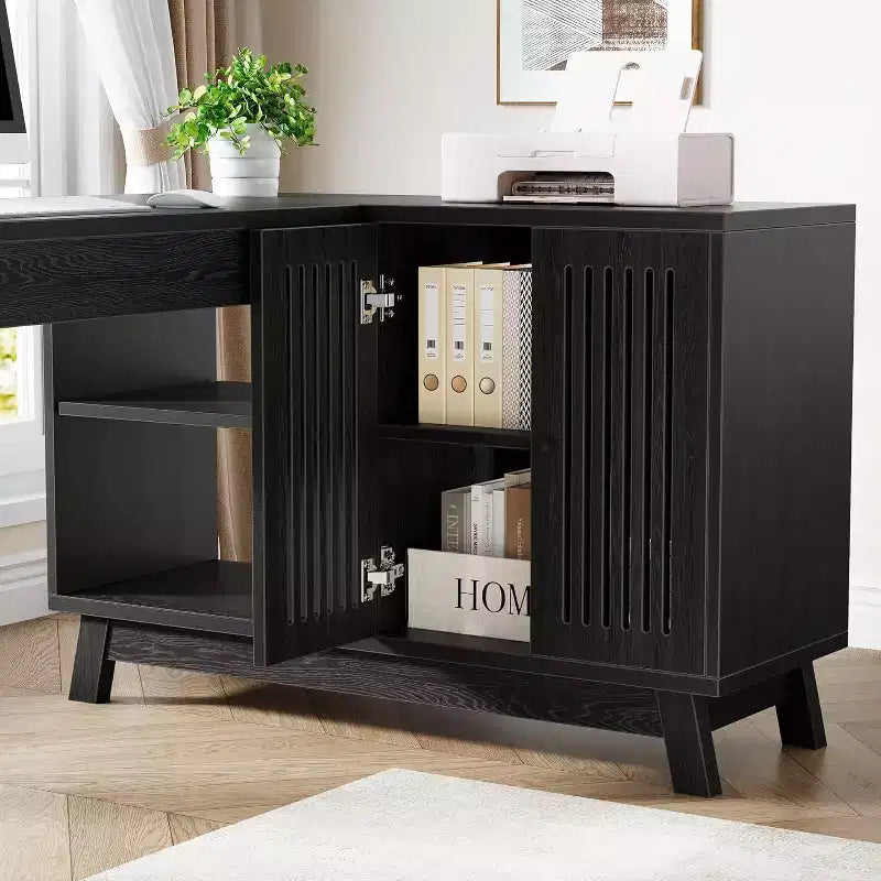 Bureau d'ordinateur d'angle en L de 57 pouces avec armoire de rangement pour bureau à domicile