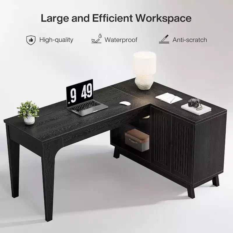 Bureau d'ordinateur d'angle en L de 57 pouces avec armoire de rangement pour bureau à domicile