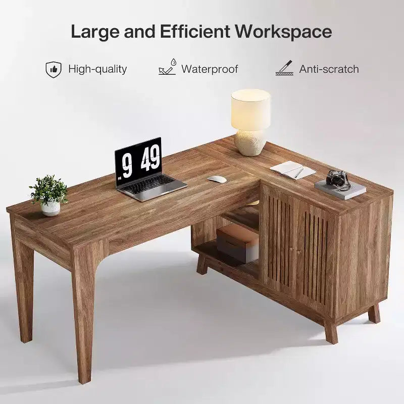 Bureau d'ordinateur d'angle en L de 57 pouces avec armoire de rangement pour bureau à domicile