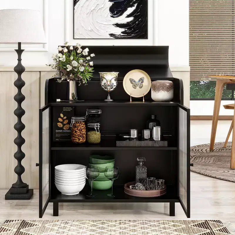 Meuble de rangement en acier et verre avec couvercle à charnières, 2 portes et 4 étagères