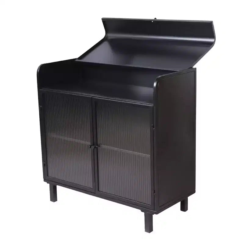 Meuble de rangement en acier et verre avec couvercle à charnières, 2 portes et 4 étagères