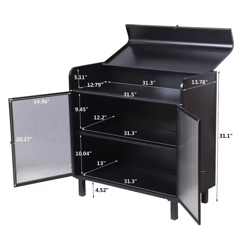Meuble de rangement en acier et verre avec couvercle à charnières, 2 portes et 4 étagères