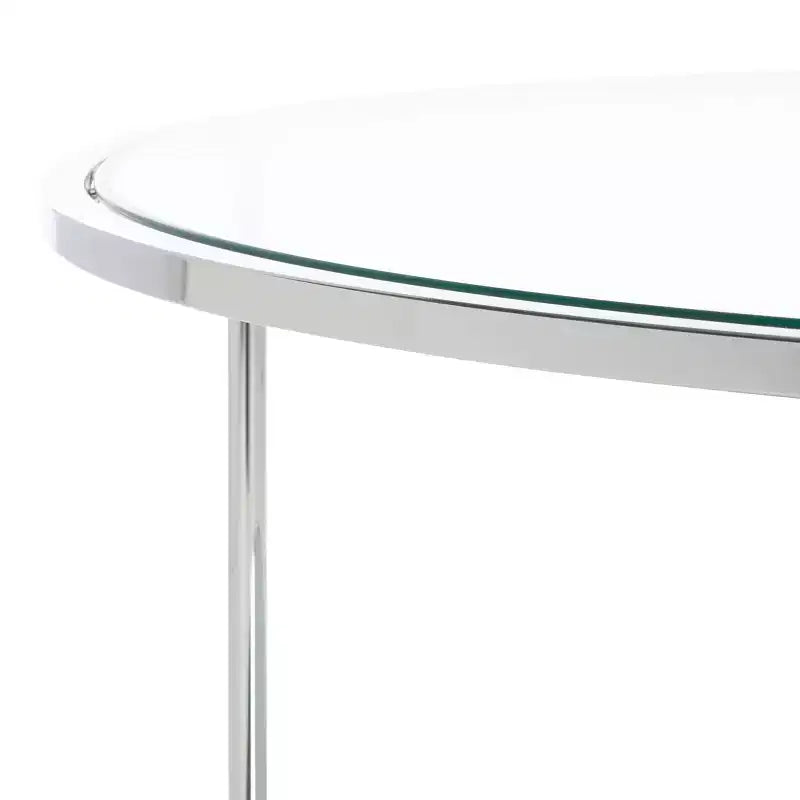 Table basse ronde avec plateau en verre et étagère miroir - Argentée