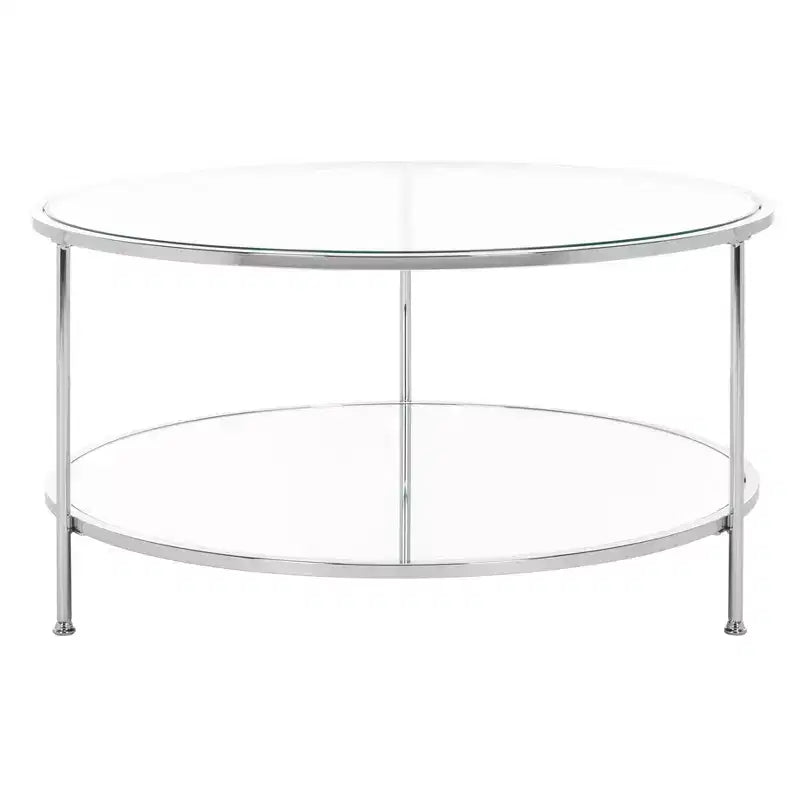 Table basse ronde avec plateau en verre et étagère miroir - Argentée