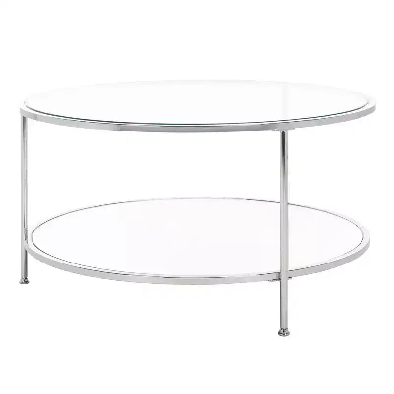 Table basse ronde avec plateau en verre et étagère miroir - Argentée