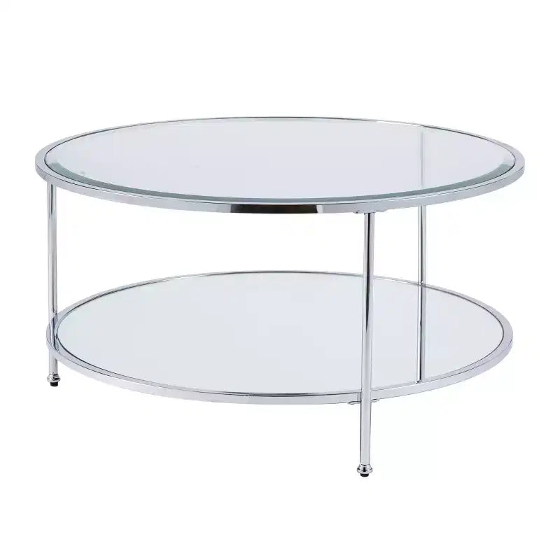 Table basse ronde avec plateau en verre et étagère miroir - Argentée