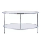 Table basse ronde avec plateau en verre et étagère miroir - Argentée