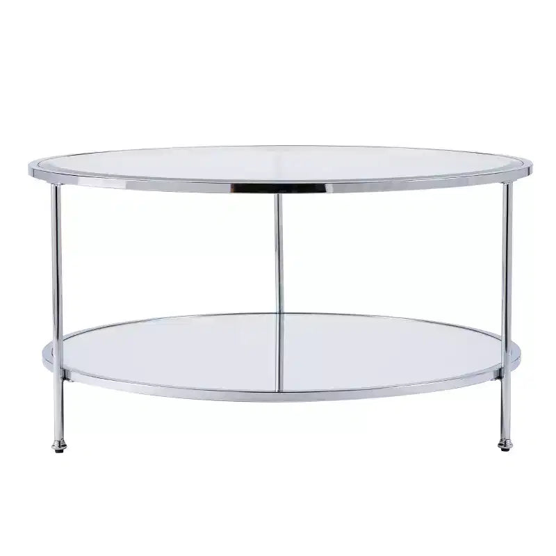 Table basse ronde avec plateau en verre et étagère miroir - Argentée