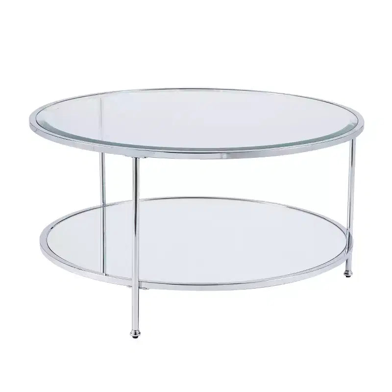 Table basse ronde avec plateau en verre et étagère miroir - Argentée