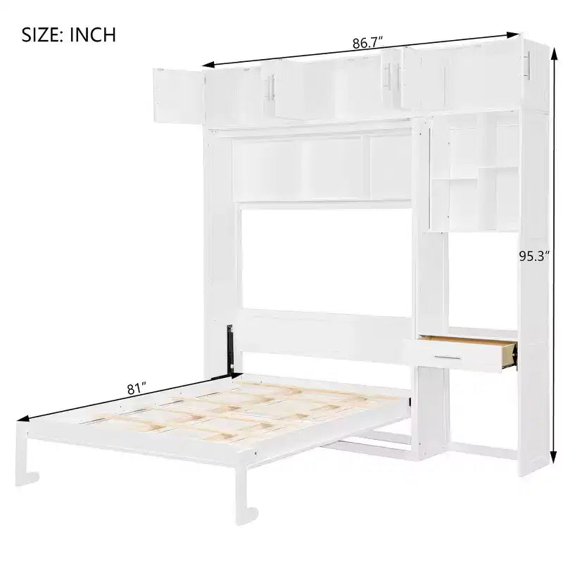 Lit escamotable mural simple avec armoire supérieure, étagères, lit pliant peu encombrant avec lumière et port USB