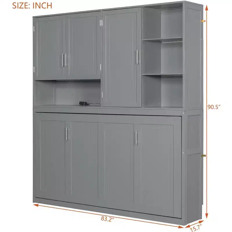 Lit escamotable mural simple avec armoire supérieure, étagères, lit pliant peu encombrant avec lumière et port USB