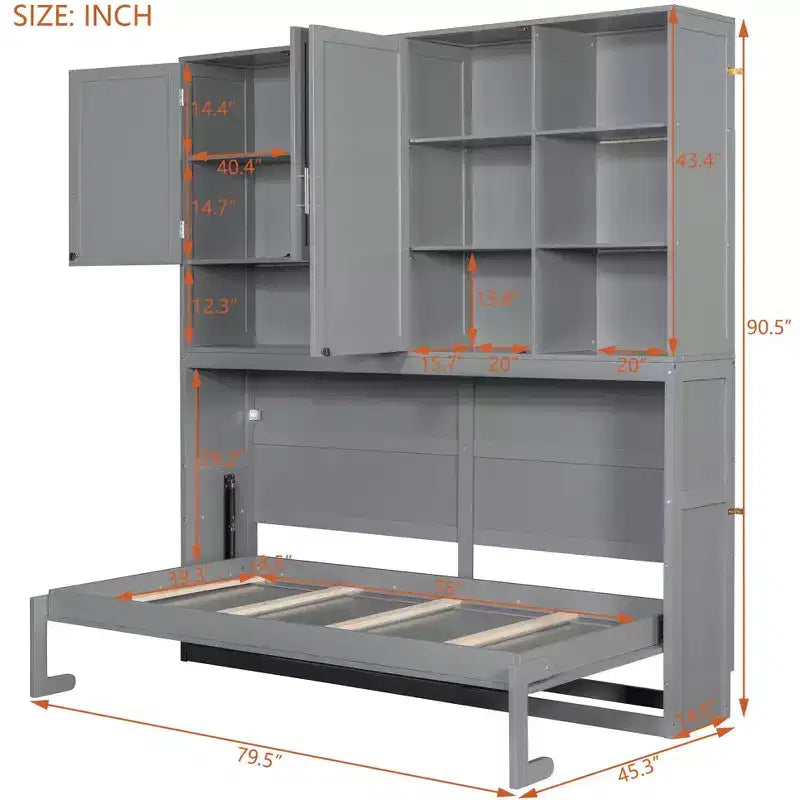 Lit escamotable mural simple avec armoire supérieure, étagères, lit pliant peu encombrant avec lumière et port USB