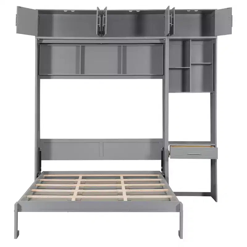Lit escamotable mural simple avec armoire supérieure, étagères, lit pliant peu encombrant avec lumière et port USB