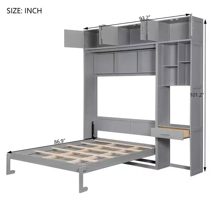 Lit escamotable mural simple avec armoire supérieure, étagères, lit pliant peu encombrant avec lumière et port USB