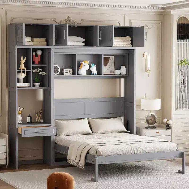 Lit escamotable mural simple avec armoire supérieure, étagères, lit pliant peu encombrant avec lumière et port USB